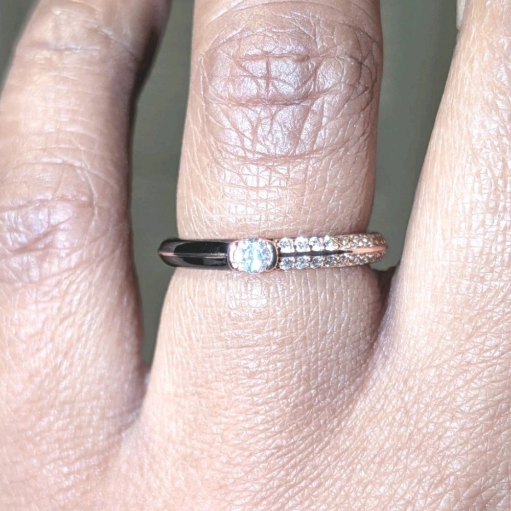 Women's 925 Sterling Silver Pavé BlackGolden Dual Cubic Zirconia Dainty Ring Sz6